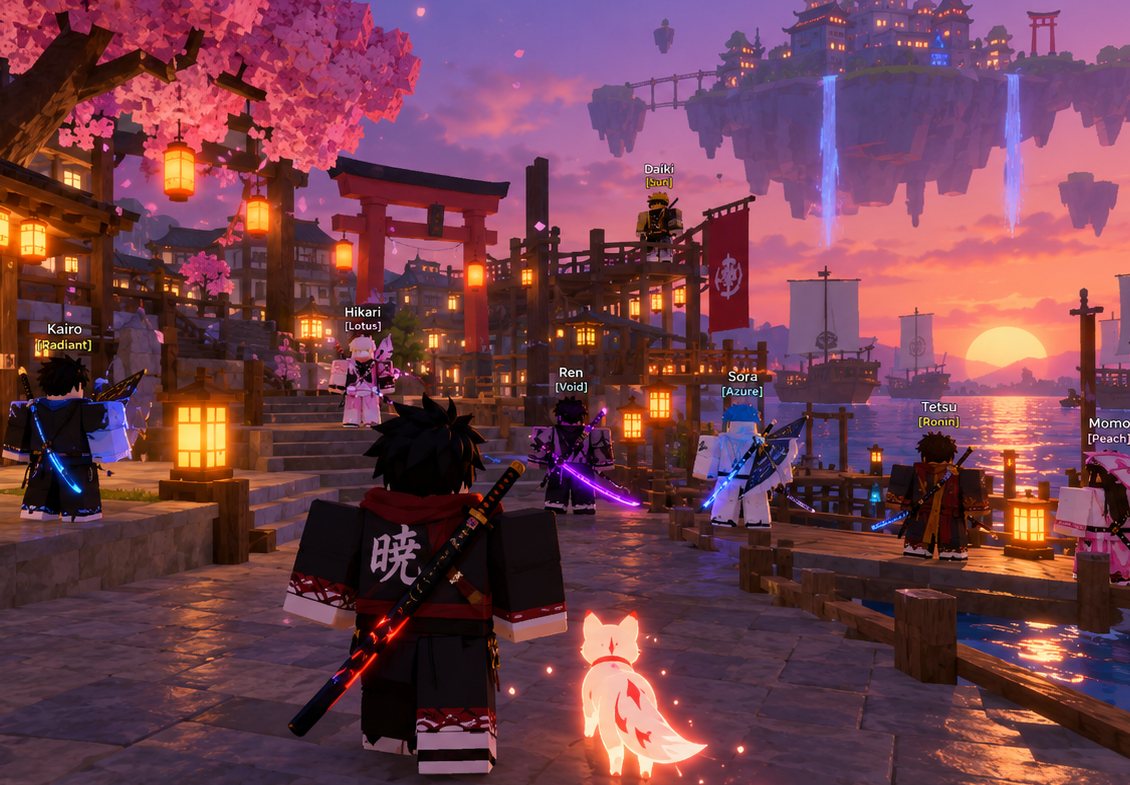 Players gather at a lantern-lit harbour at sunset under sakura trees, a glowing fox spirit at one player's heels and a castle island floating above the sea.