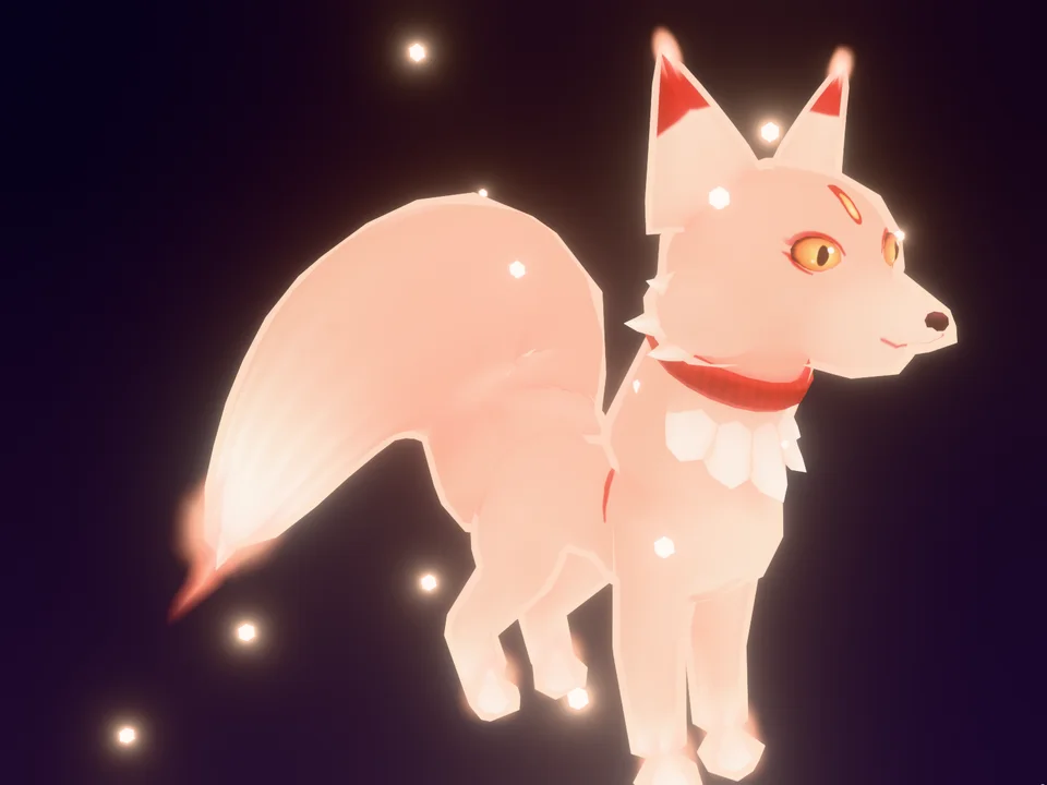 A soft, glowing pale fox spirit with red ear tips and a red collar, looking curious.