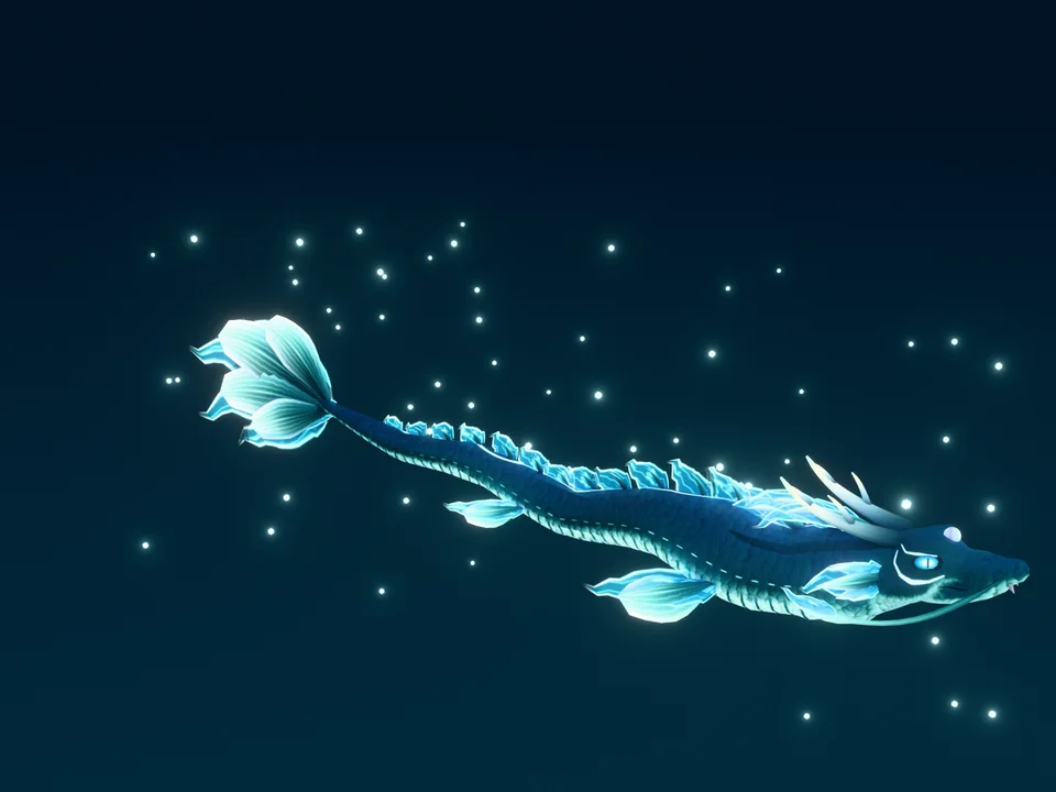 Mizuchi, a slender teal water dragon with glowing fins, swimming through motes of light.