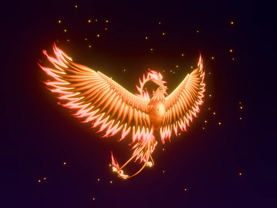 A phoenix with flame-edged wings spread wide against a dark violet sky.